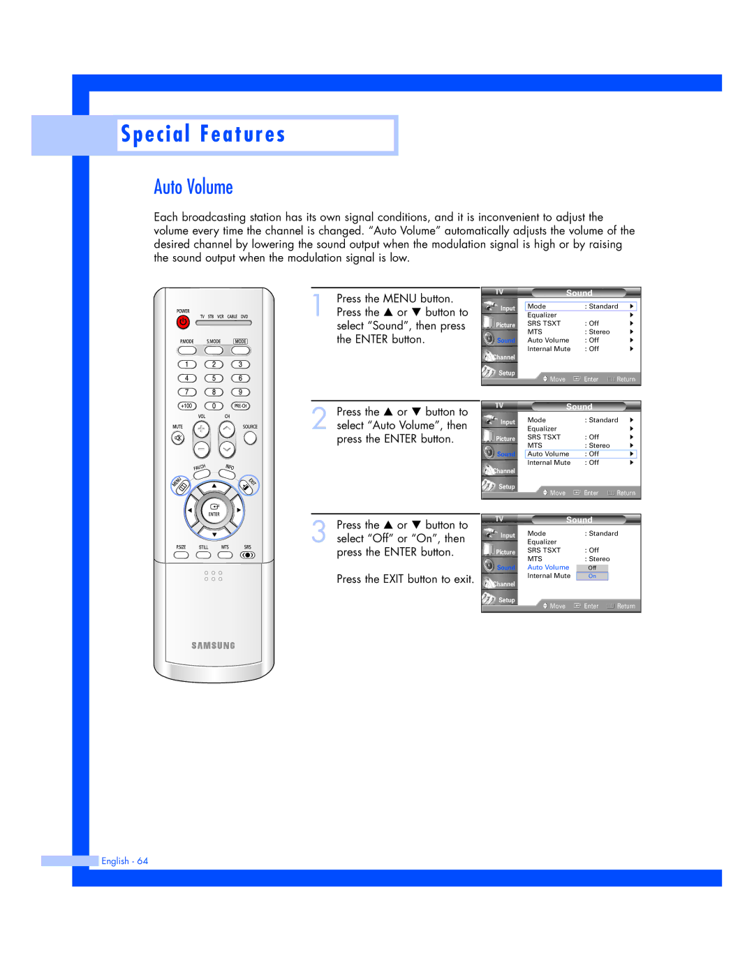 Samsung SP-50L7HR, SP-56L7HR instruction manual Auto Volume 