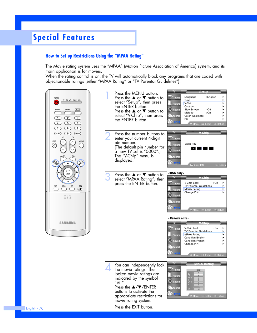 Samsung SP-50L7HR, SP-56L7HR instruction manual How to Set up Restrictions Using the Mpaa Rating 