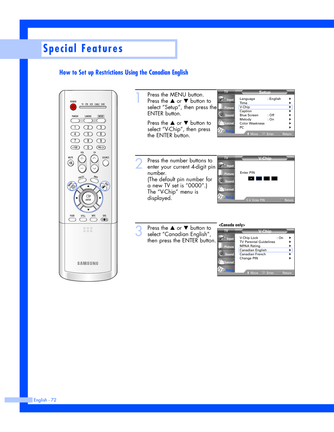 Samsung SP-50L7HR, SP-56L7HR instruction manual How to Set up Restrictions Using the Canadian English 