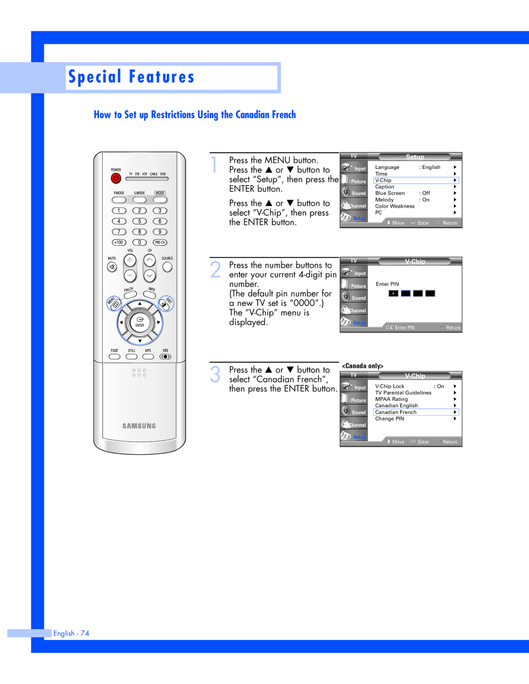 Samsung SP-50L7HR, SP-56L7HR instruction manual How to Set up Restrictions Using the Canadian French 