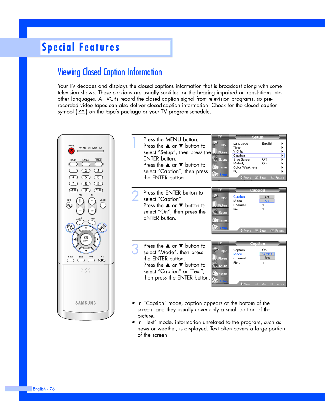 Samsung SP-50L7HR, SP-56L7HR instruction manual Viewing Closed Caption Information 