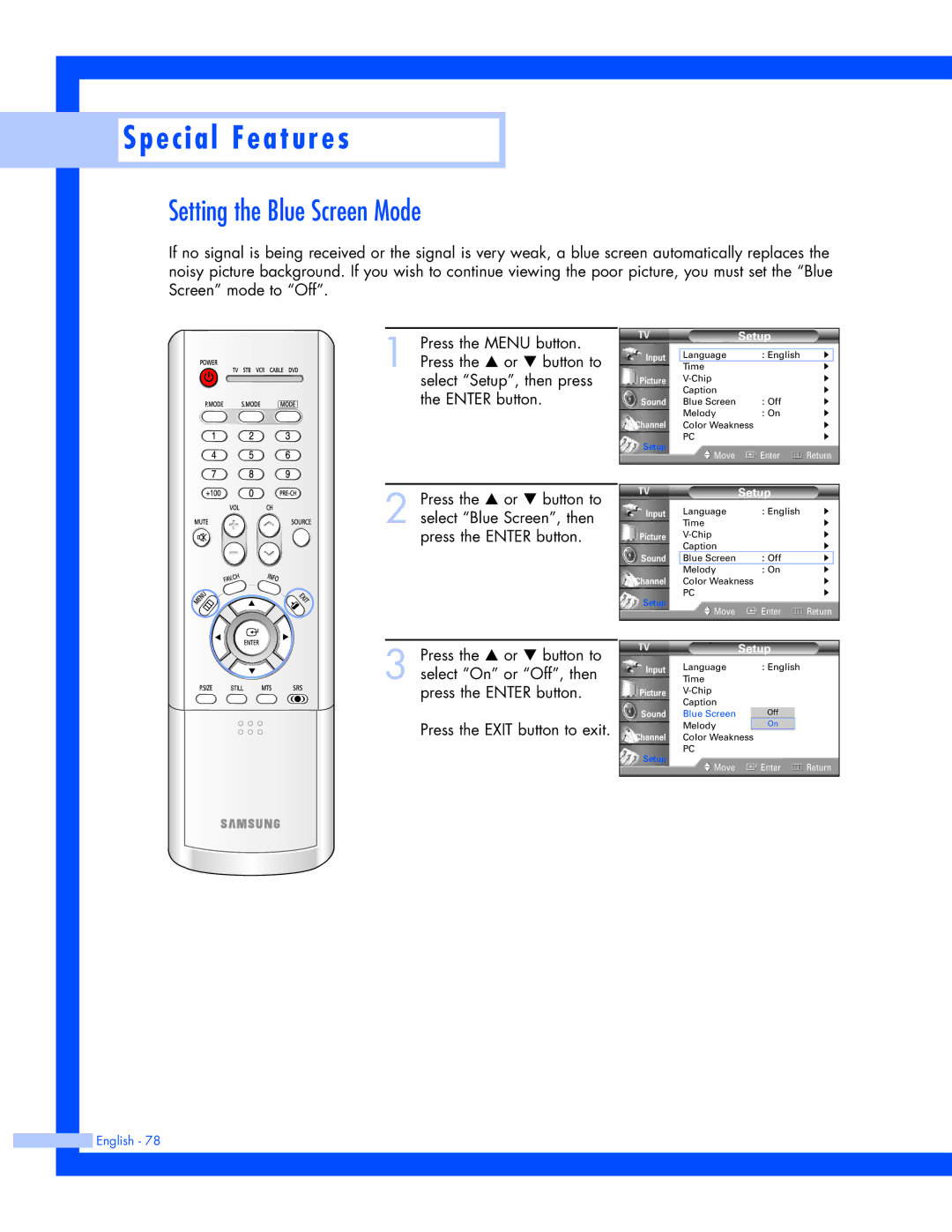 Samsung SP-50L7HR, SP-56L7HR instruction manual Setting the Blue Screen Mode 