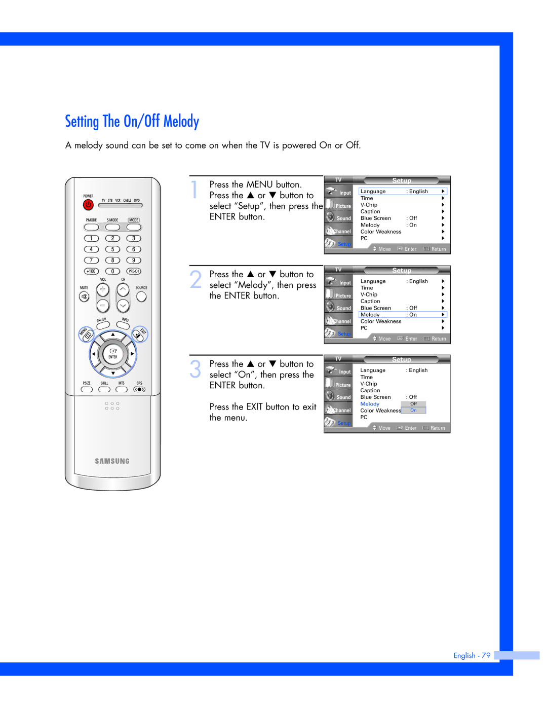 Samsung SP-56L7HR, SP-50L7HR instruction manual Setting The On/Off Melody 