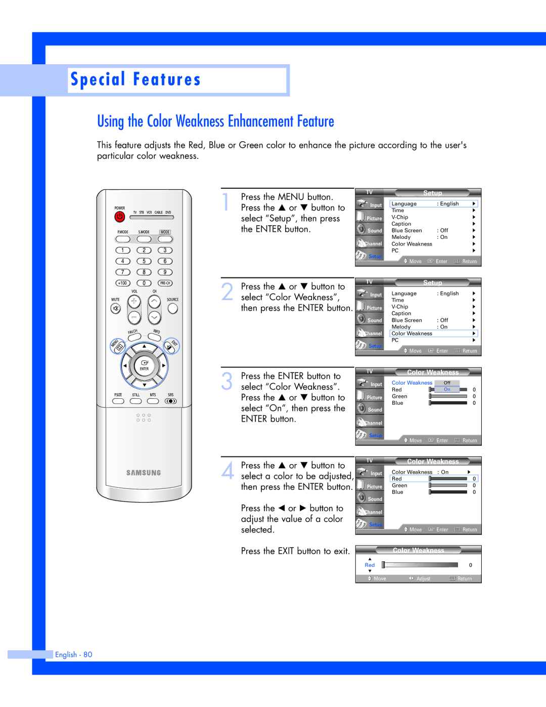 Samsung SP-50L7HR, SP-56L7HR instruction manual Using the Color Weakness Enhancement Feature 