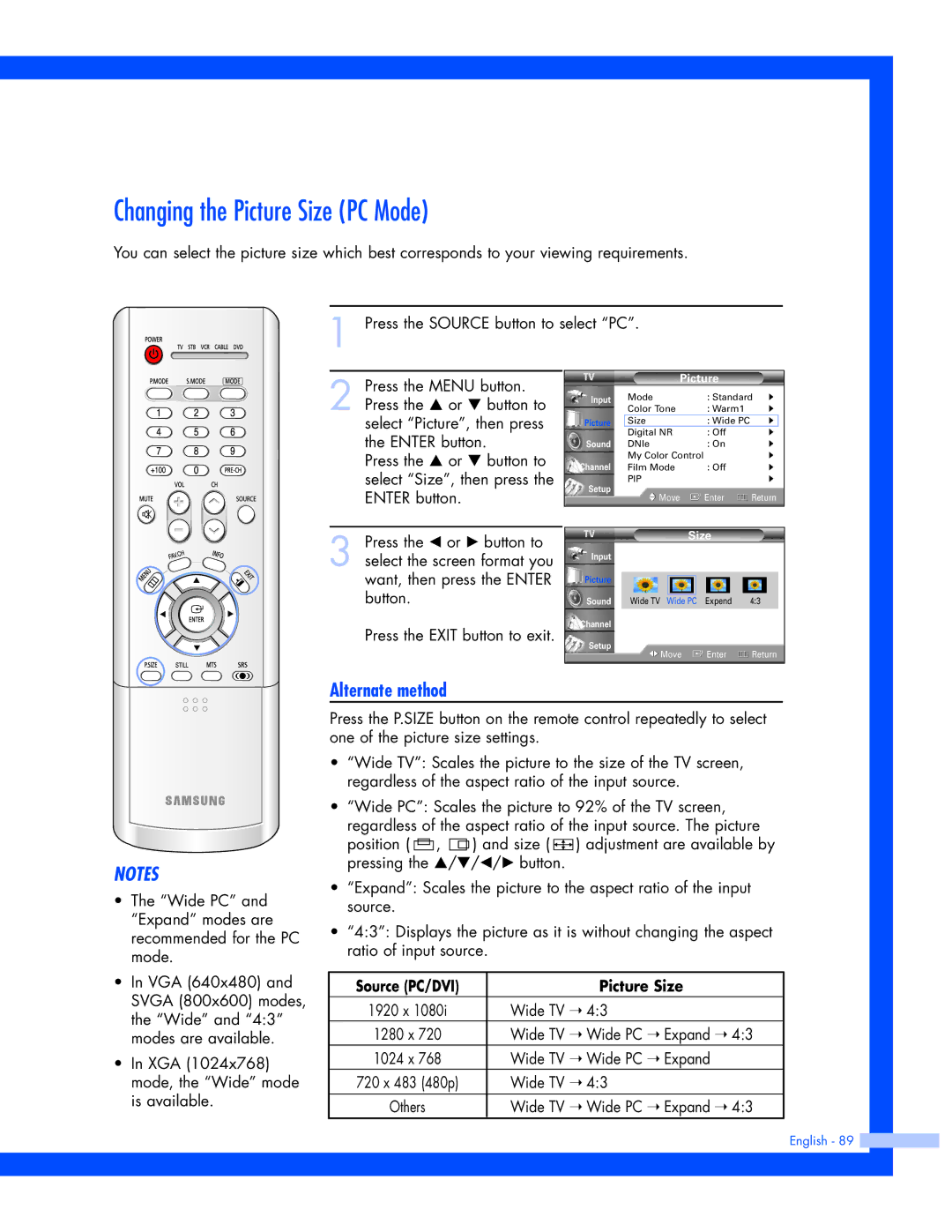 Samsung SP-56L7HR, SP-50L7HR instruction manual Changing the Picture Size PC Mode, Source PC/DVI Picture Size 