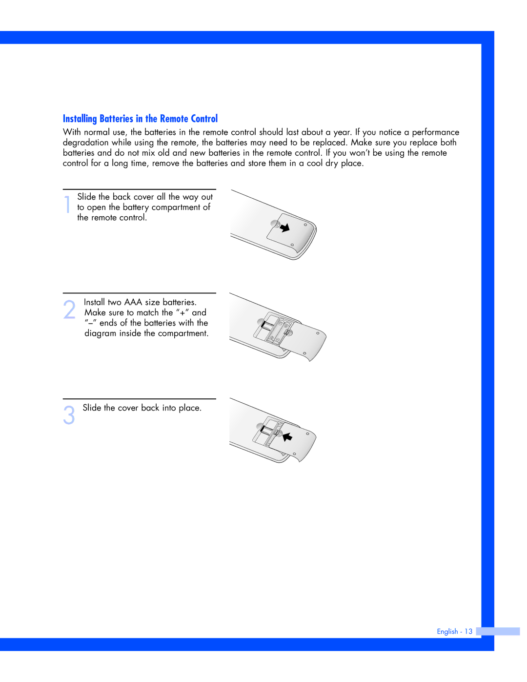 Samsung SP-61L3HR instruction manual Installing Batteries in the Remote Control 