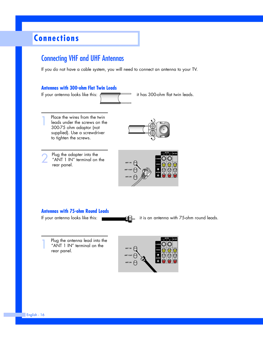 Samsung SP-61L3HR Connecting VHF and UHF Antennas, Antennas with 300-ohm Flat Twin Leads, Antennas with 75-ohm Round Leads 