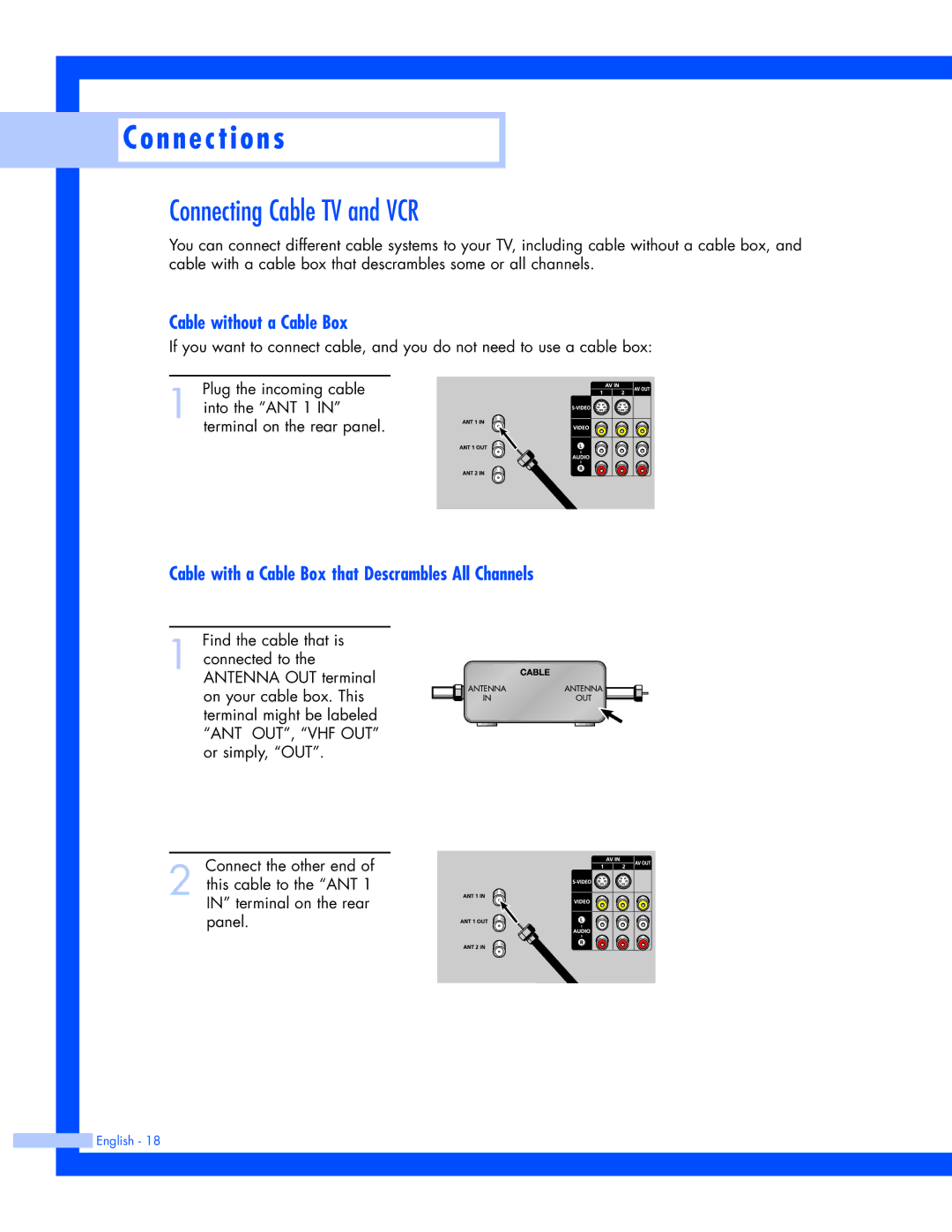 Samsung SP-61L3HR instruction manual Connecting Cable TV and VCR, Cable without a Cable Box 