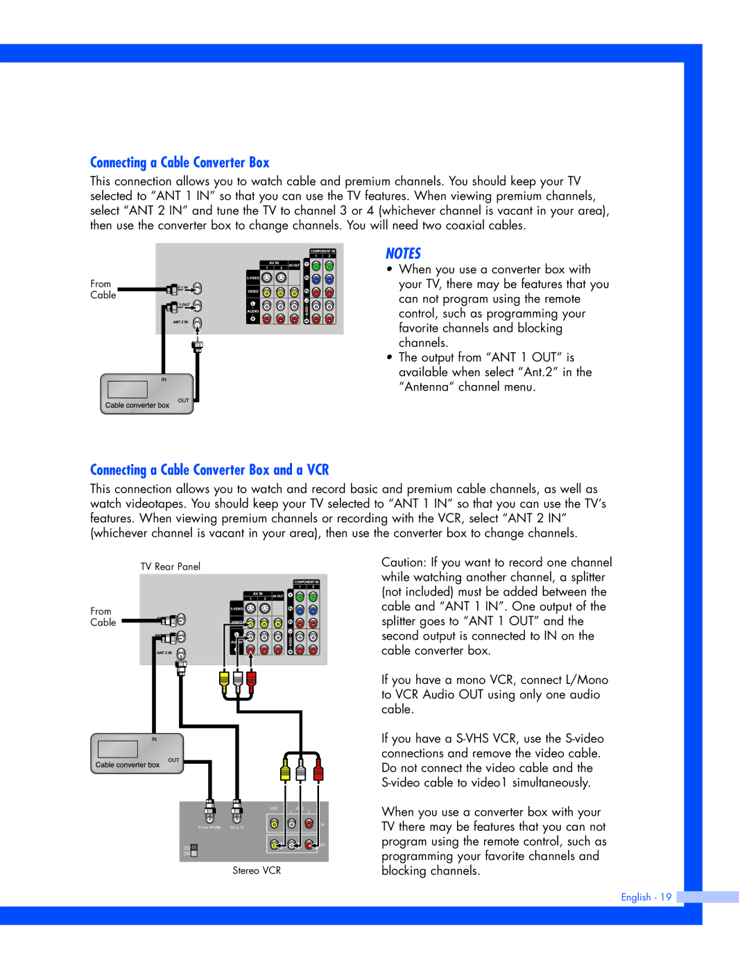 Samsung SP-61L3HR instruction manual Connecting a Cable Converter Box and a VCR 