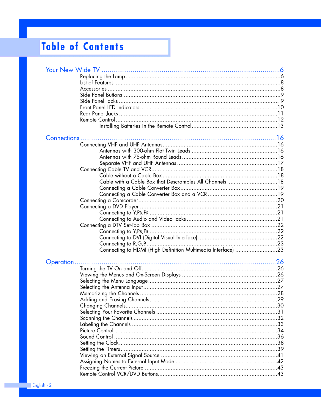 Samsung SP-61L3HR instruction manual Table of Contents 