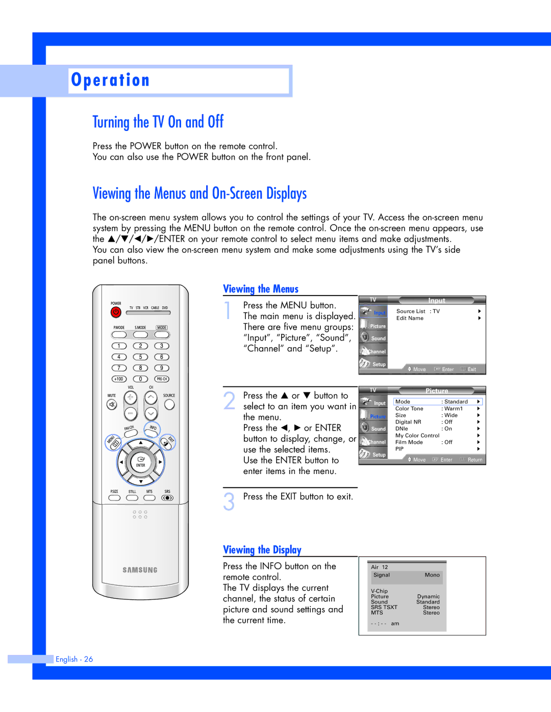 Samsung SP-61L3HR Turning the TV On and Off, Viewing the Menus and On-Screen Displays, Viewing the Display 