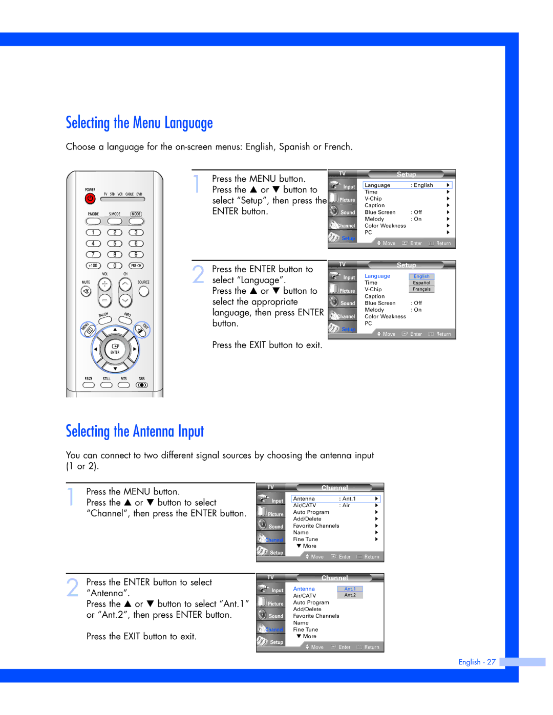 Samsung SP-61L3HR instruction manual Selecting the Menu Language, Selecting the Antenna Input 