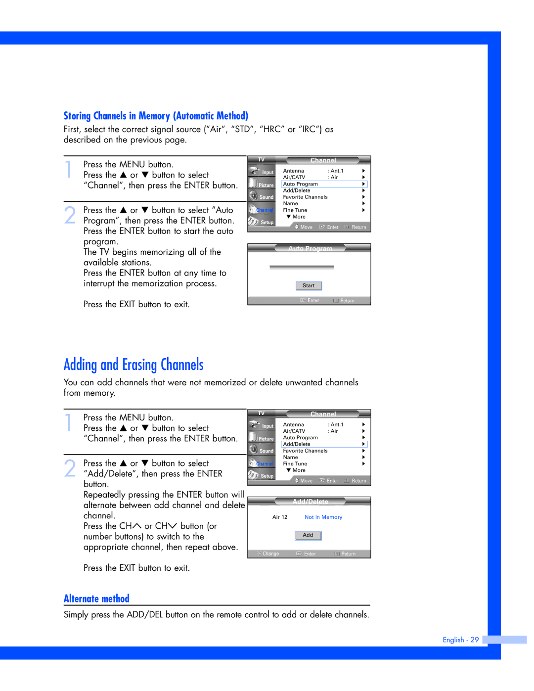 Samsung SP-61L3HR Adding and Erasing Channels, Storing Channels in Memory Automatic Method, Alternate method 