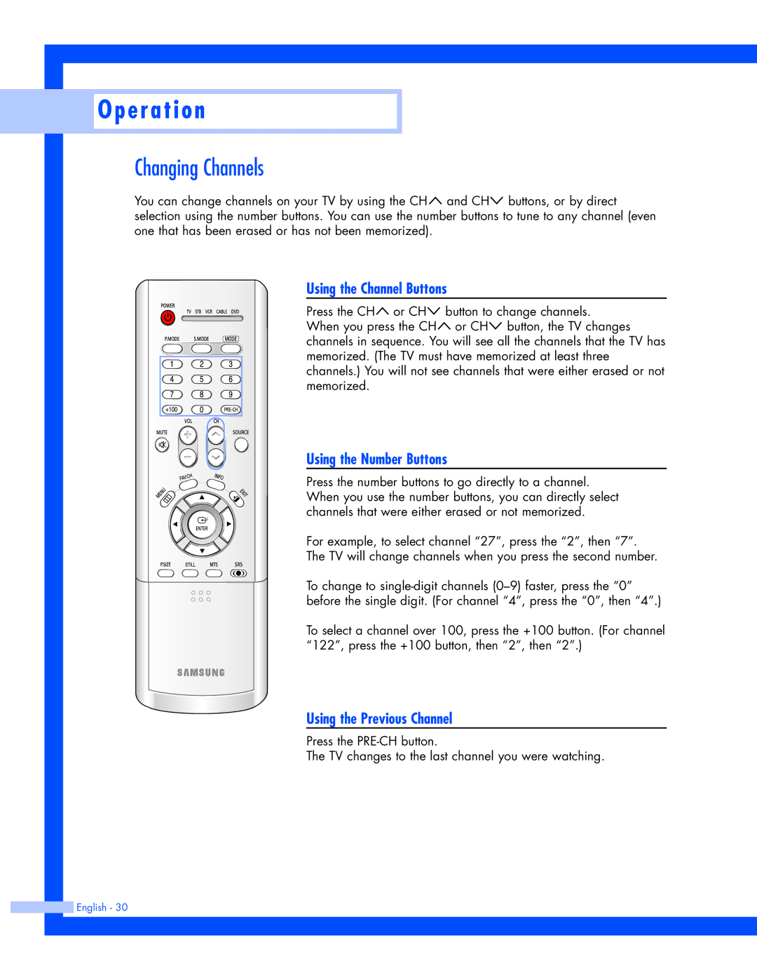 Samsung SP-61L3HR Changing Channels, Using the Channel Buttons, Using the Number Buttons, Using the Previous Channel 