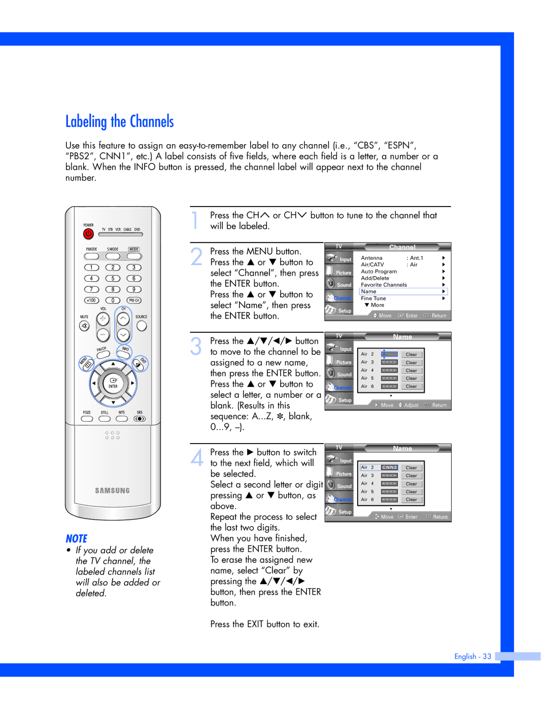 Samsung SP-61L3HR instruction manual Labeling the Channels 