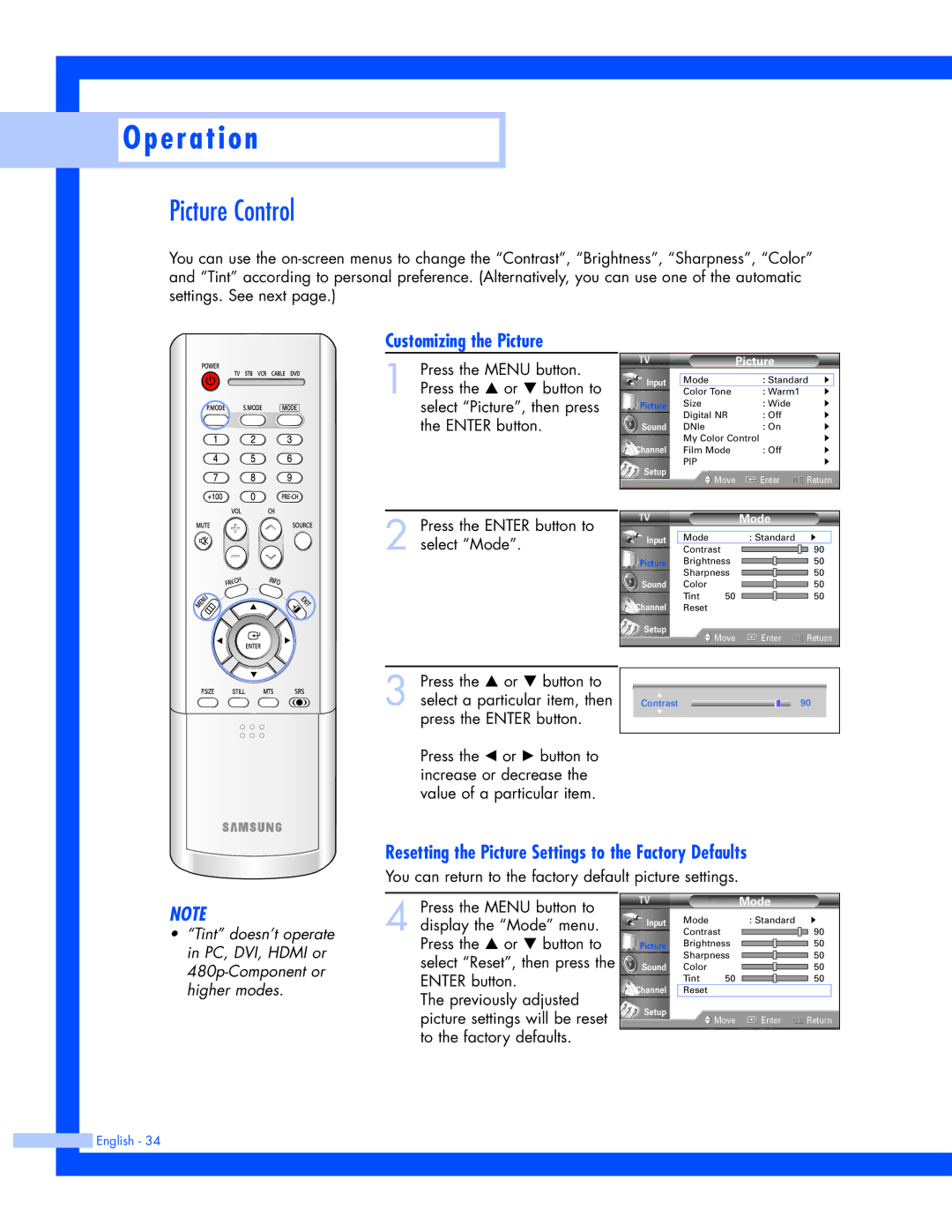 Samsung SP-61L3HR Picture Control, Customizing the Picture, Resetting the Picture Settings to the Factory Defaults 