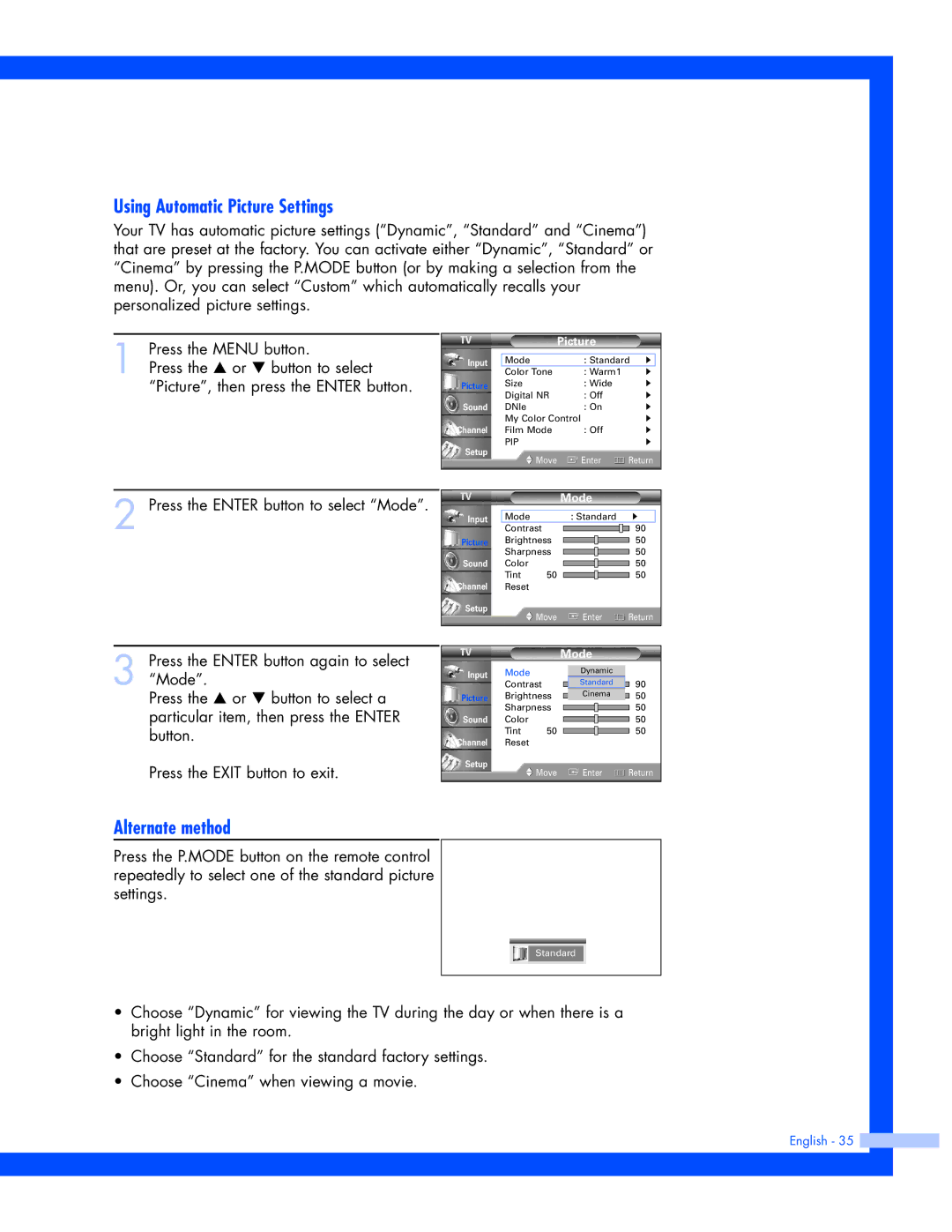 Samsung SP-61L3HR instruction manual Using Automatic Picture Settings, Alternate method 