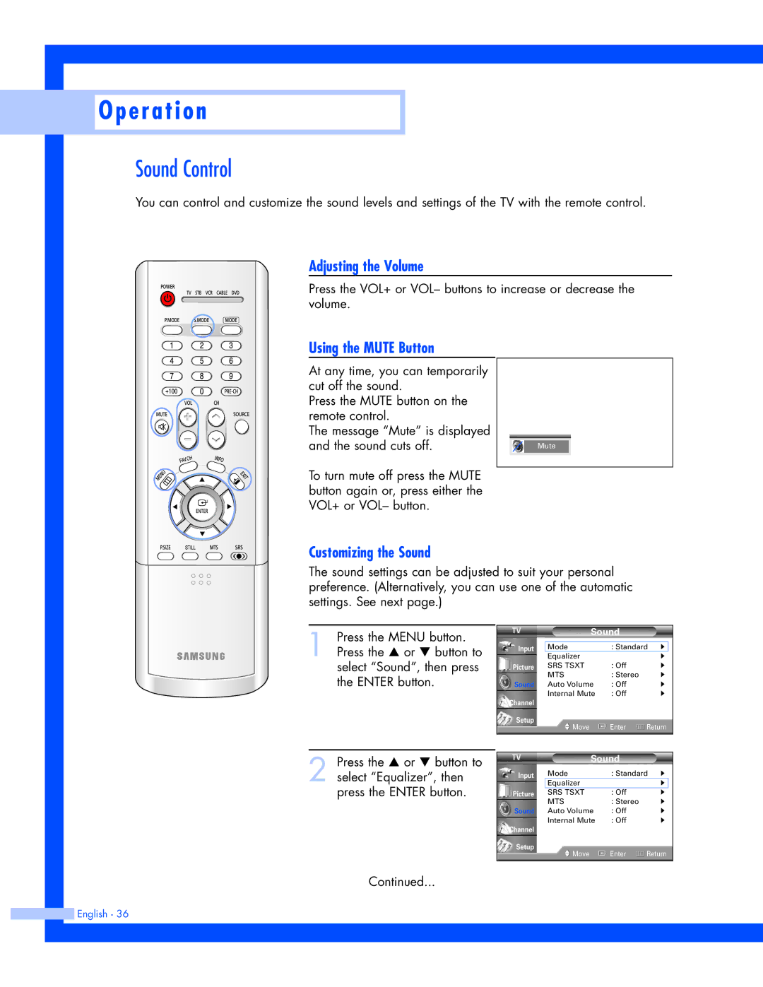 Samsung SP-61L3HR instruction manual Sound Control, Adjusting the Volume, Using the Mute Button, Customizing the Sound 