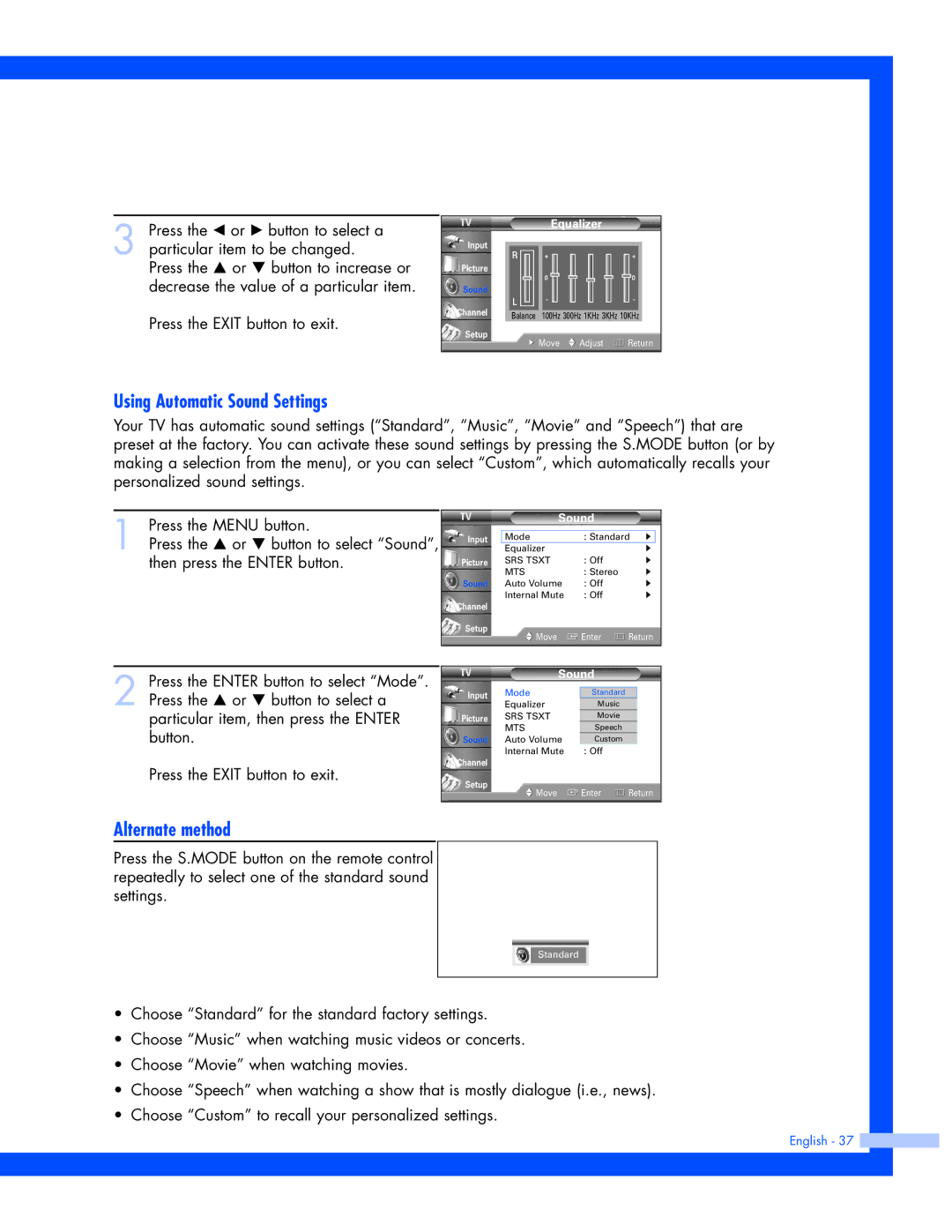 Samsung SP-61L3HR instruction manual Using Automatic Sound Settings 