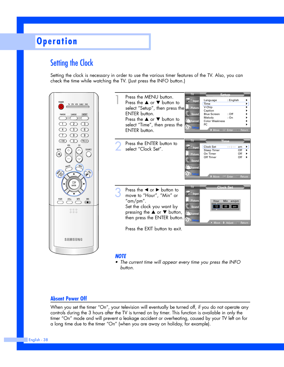 Samsung SP-61L3HR instruction manual Setting the Clock, Absent Power Off 