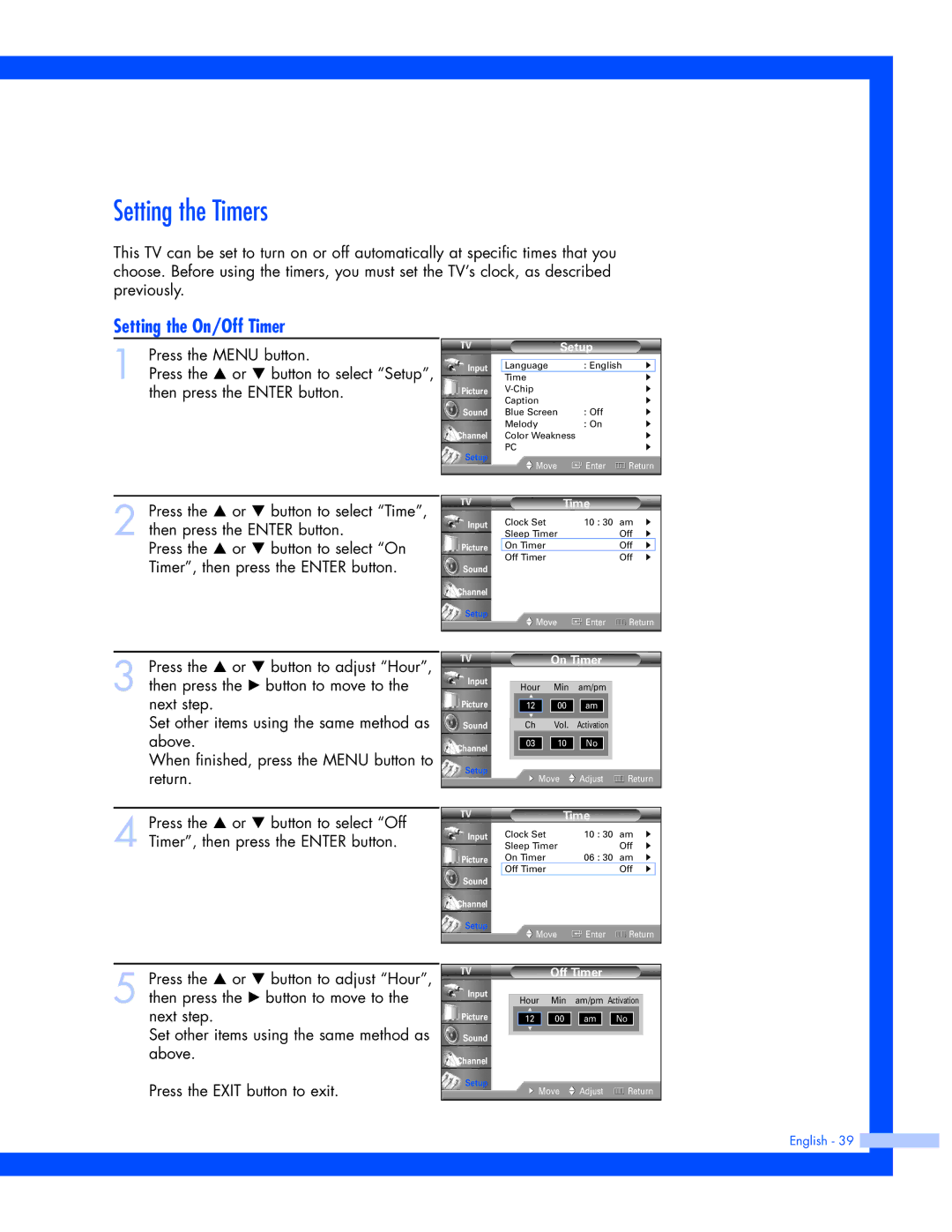 Samsung SP-61L3HR instruction manual Setting the Timers, Setting the On/Off Timer 