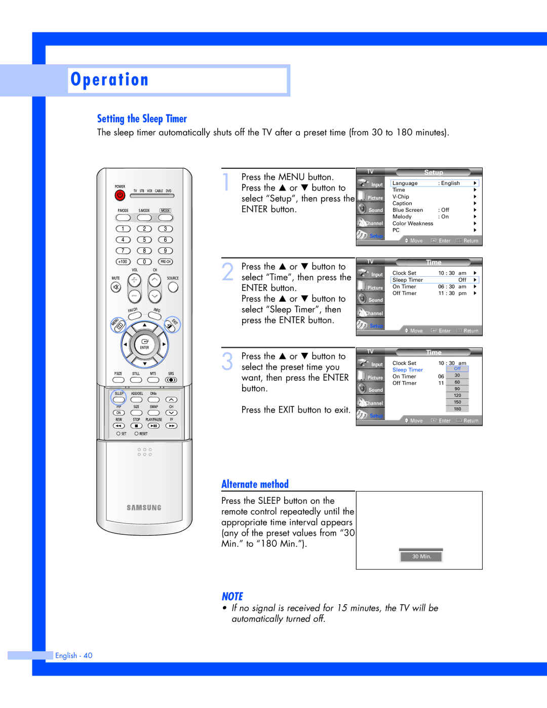 Samsung SP-61L3HR instruction manual Setting the Sleep Timer, Alternate method 