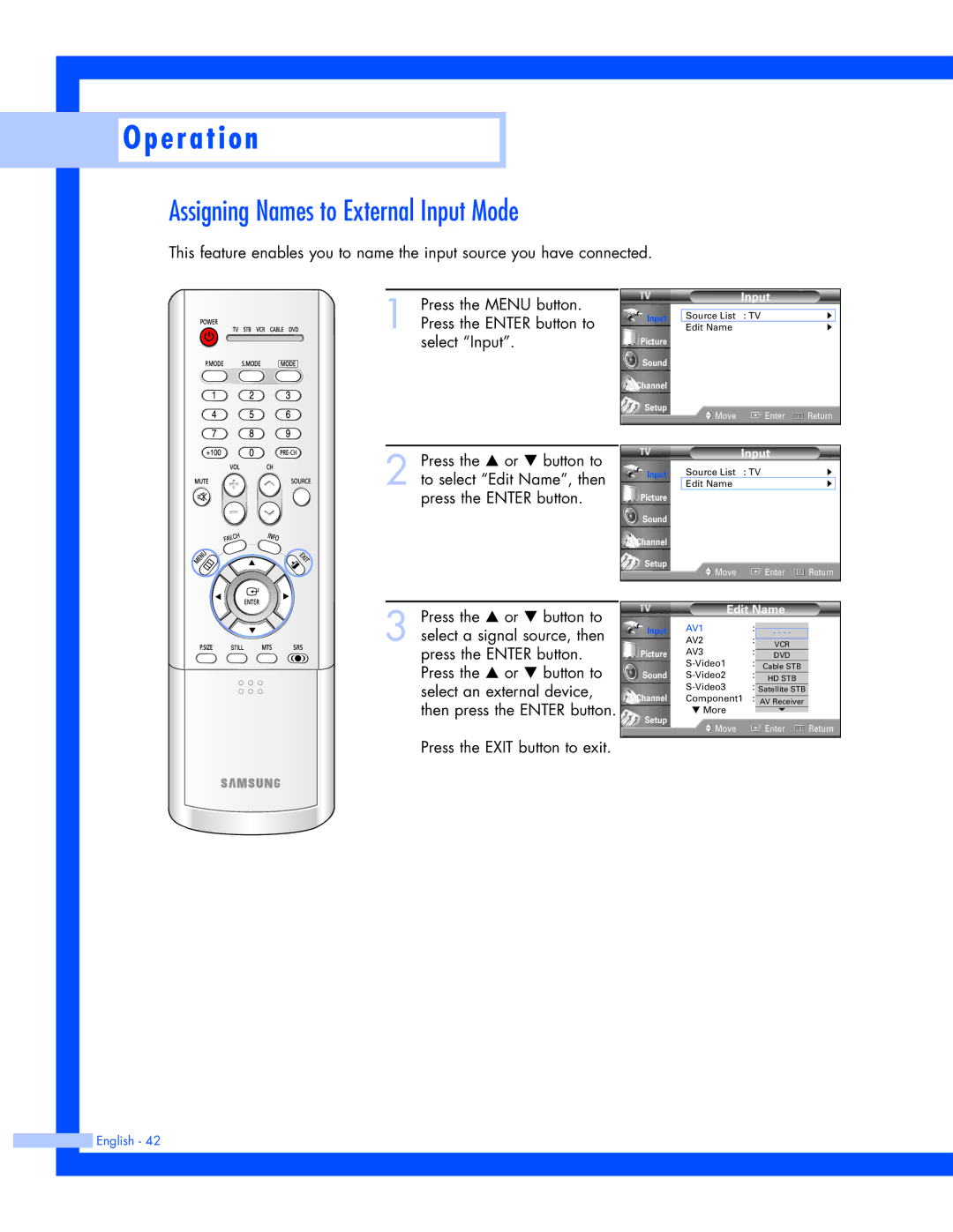 Samsung SP-61L3HR instruction manual Assigning Names to External Input Mode, Edit Name 