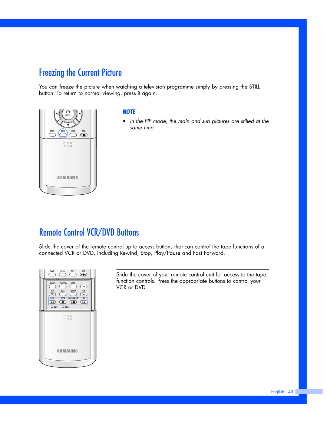 Samsung SP-61L3HR instruction manual Freezing the Current Picture, Remote Control VCR/DVD Buttons 