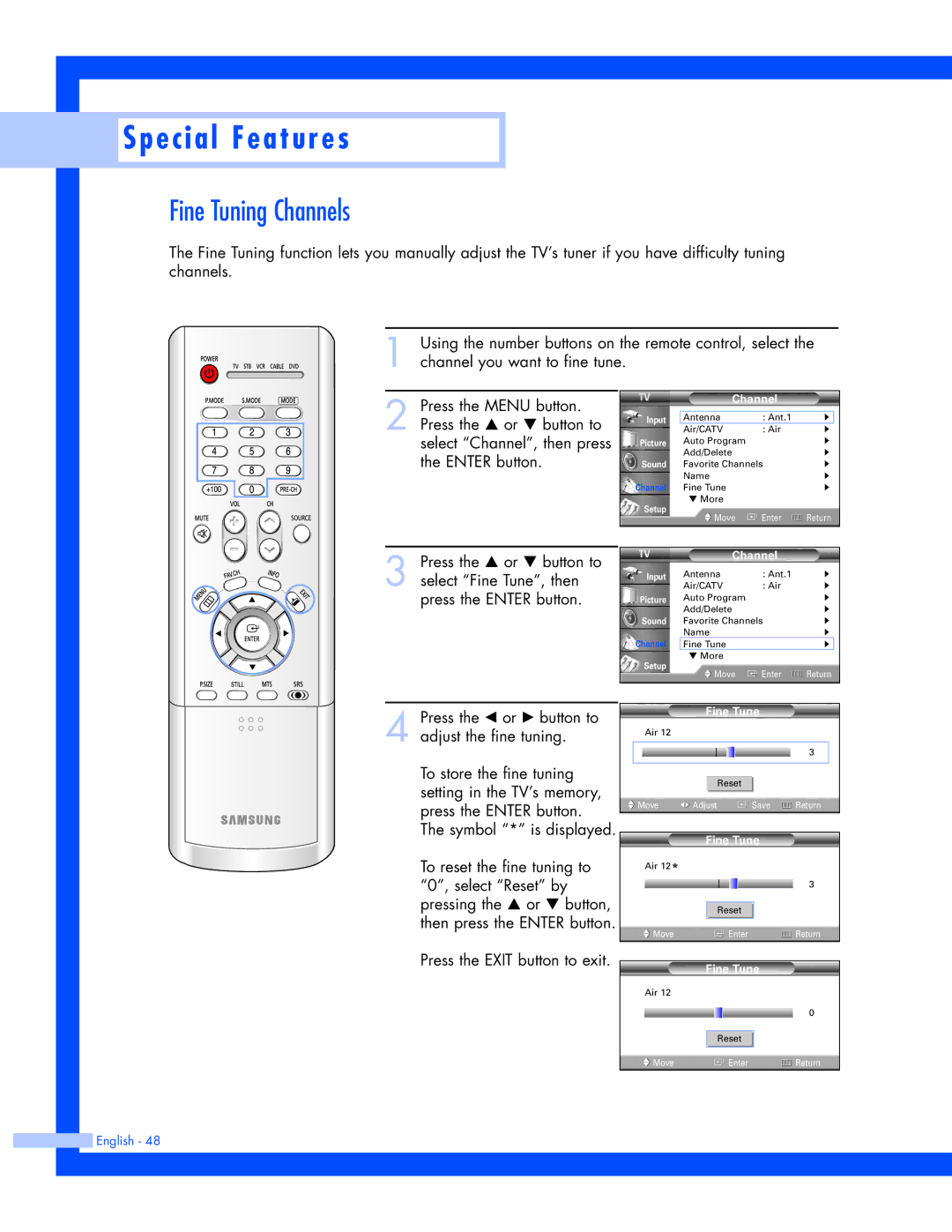 Samsung SP-61L3HR instruction manual Fine Tuning Channels, Symbol * is displayed 