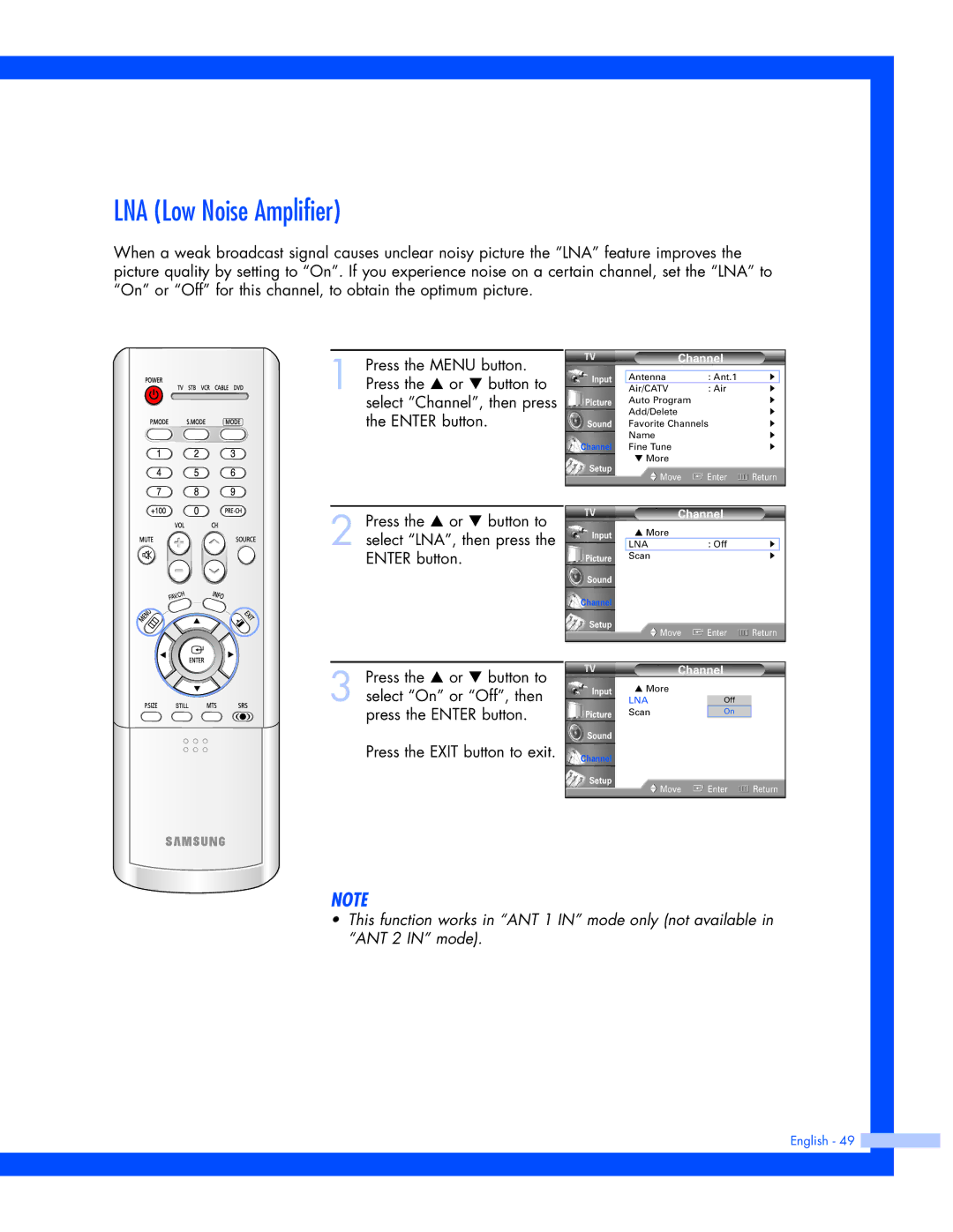 Samsung SP-61L3HR instruction manual LNA Low Noise Amplifier 