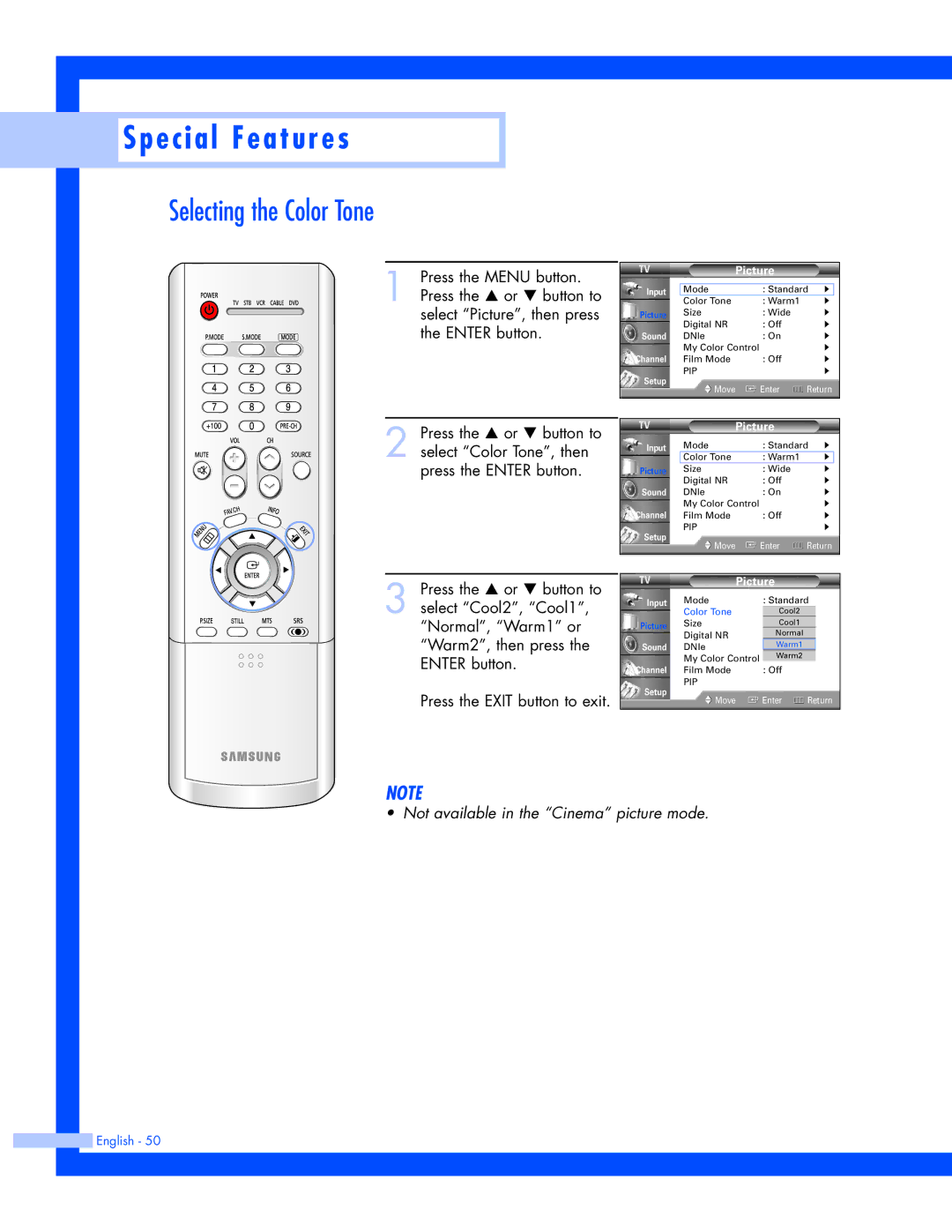 Samsung SP-61L3HR instruction manual Selecting the Color Tone 