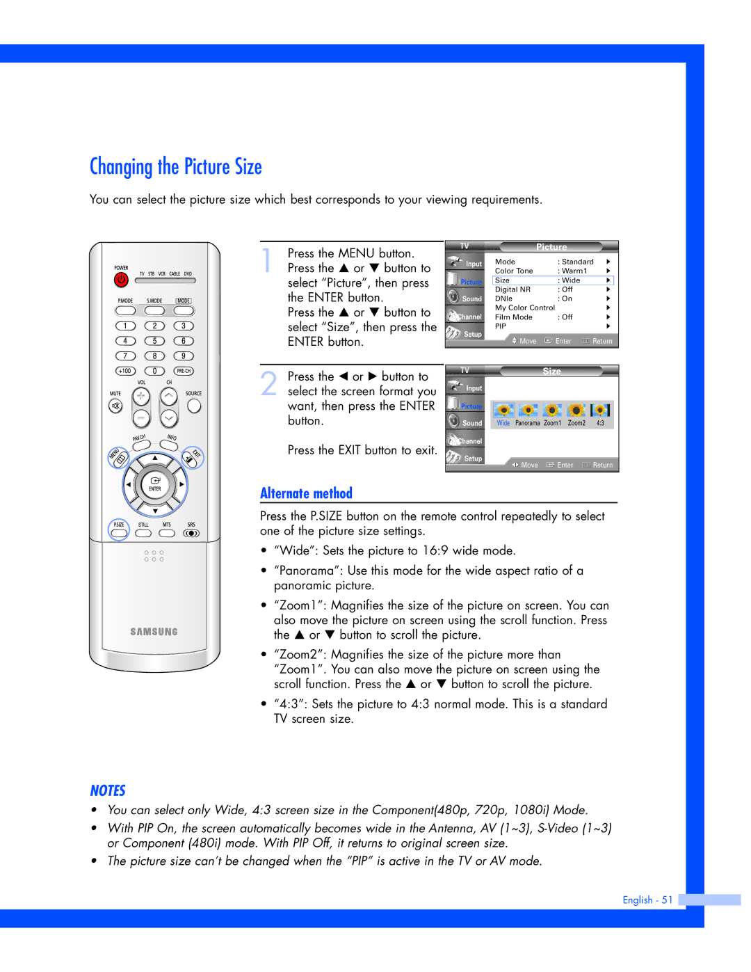 Samsung SP-61L3HR instruction manual Changing the Picture Size, Alternate method 