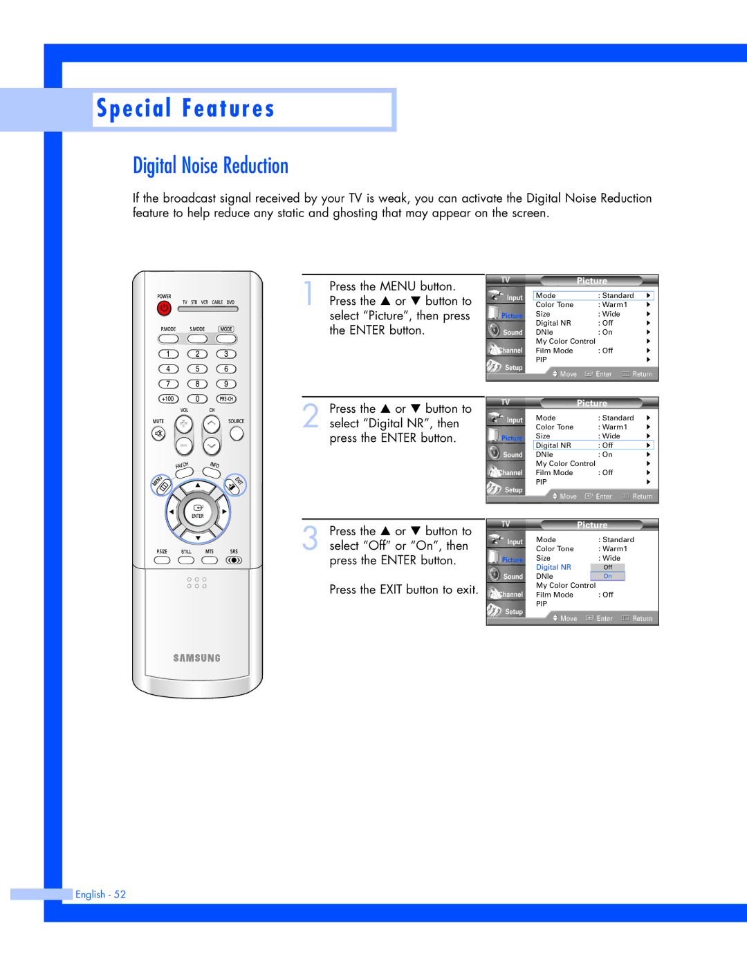 Samsung SP-61L3HR instruction manual Digital Noise Reduction 