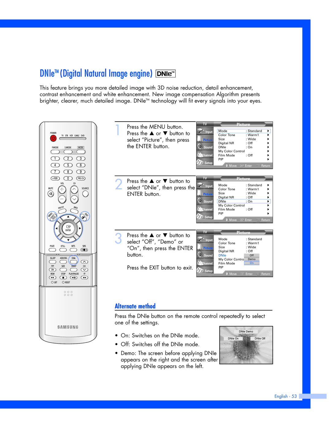 Samsung SP-61L3HR instruction manual DNIeTM Digital Natural Image engine 