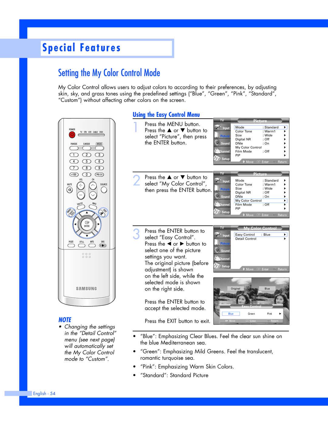 Samsung SP-61L3HR instruction manual Setting the My Color Control Mode, Using the Easy Control Menu 