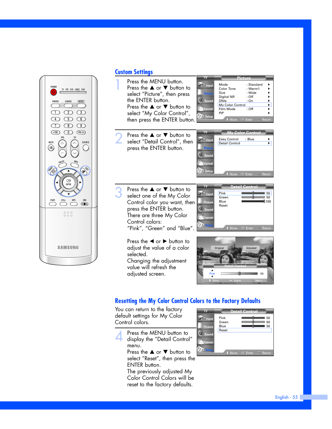 Samsung SP-61L3HR instruction manual Custom Settings, Detail Control 