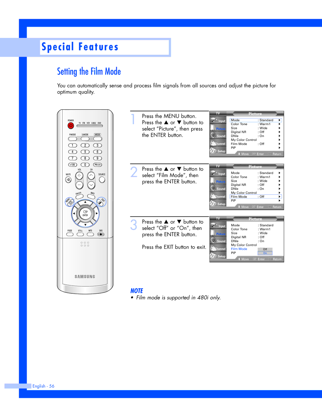 Samsung SP-61L3HR instruction manual Setting the Film Mode 