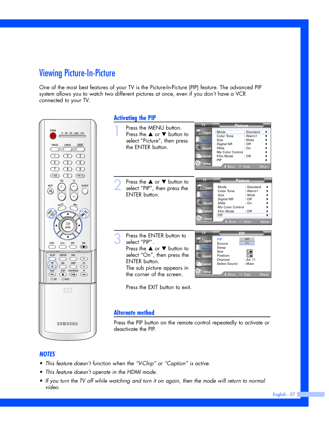 Samsung SP-61L3HR instruction manual Viewing Picture-In-Picture, Activating the PIP 