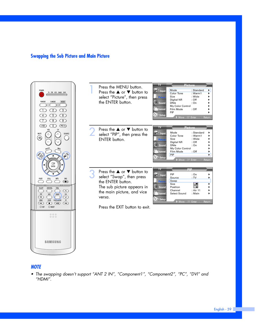 Samsung SP-61L3HR instruction manual Swapping the Sub Picture and Main Picture 