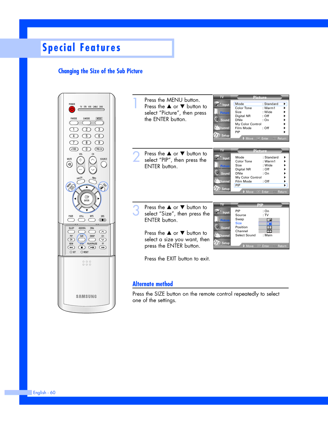 Samsung SP-61L3HR instruction manual Changing the Size of the Sub Picture, Alternate method 