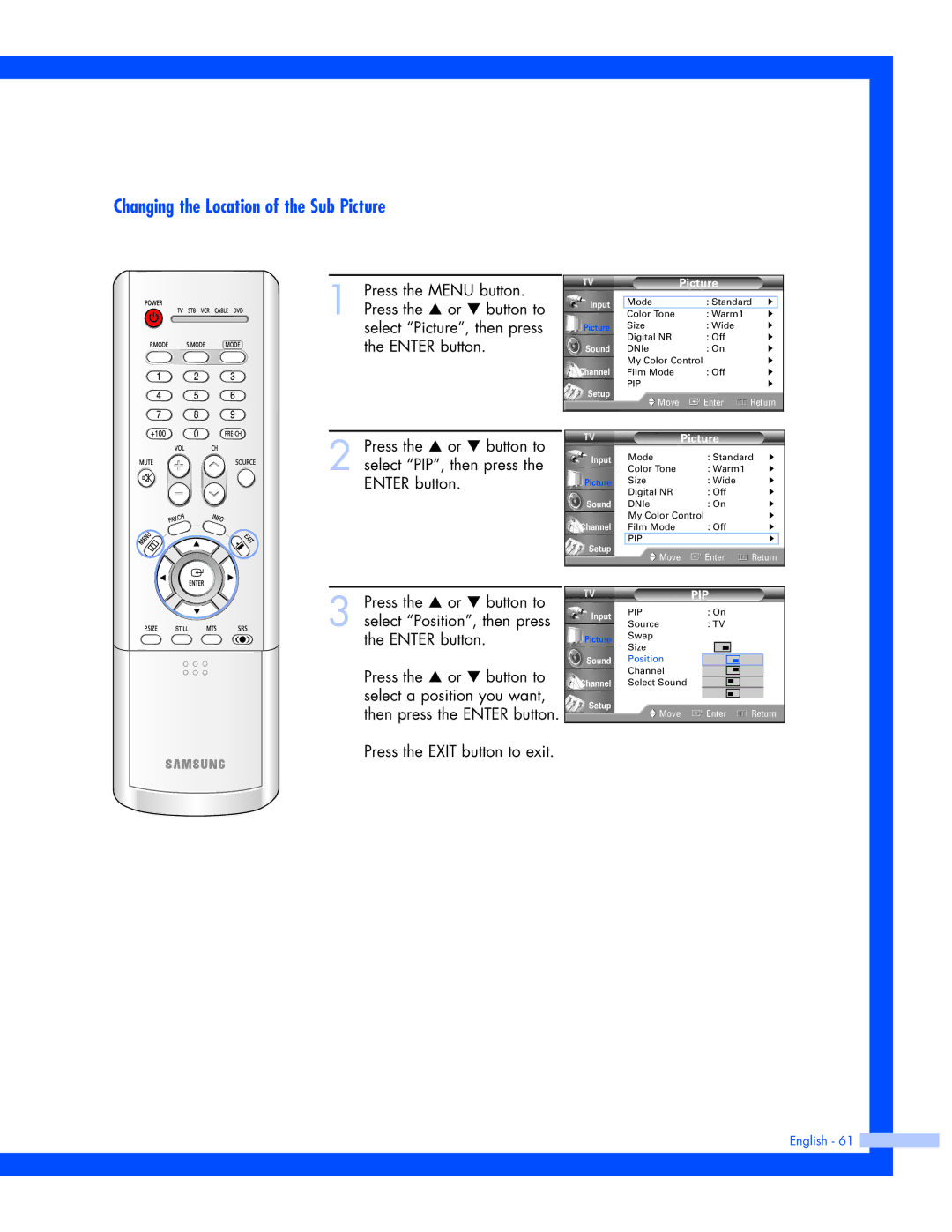 Samsung SP-61L3HR instruction manual Changing the Location of the Sub Picture 