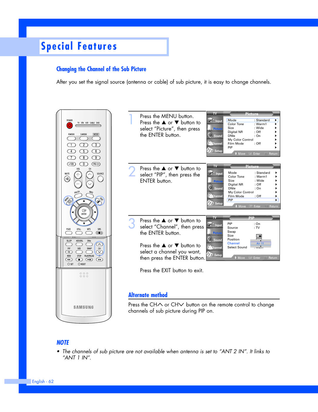 Samsung SP-61L3HR instruction manual Changing the Channel of the Sub Picture 