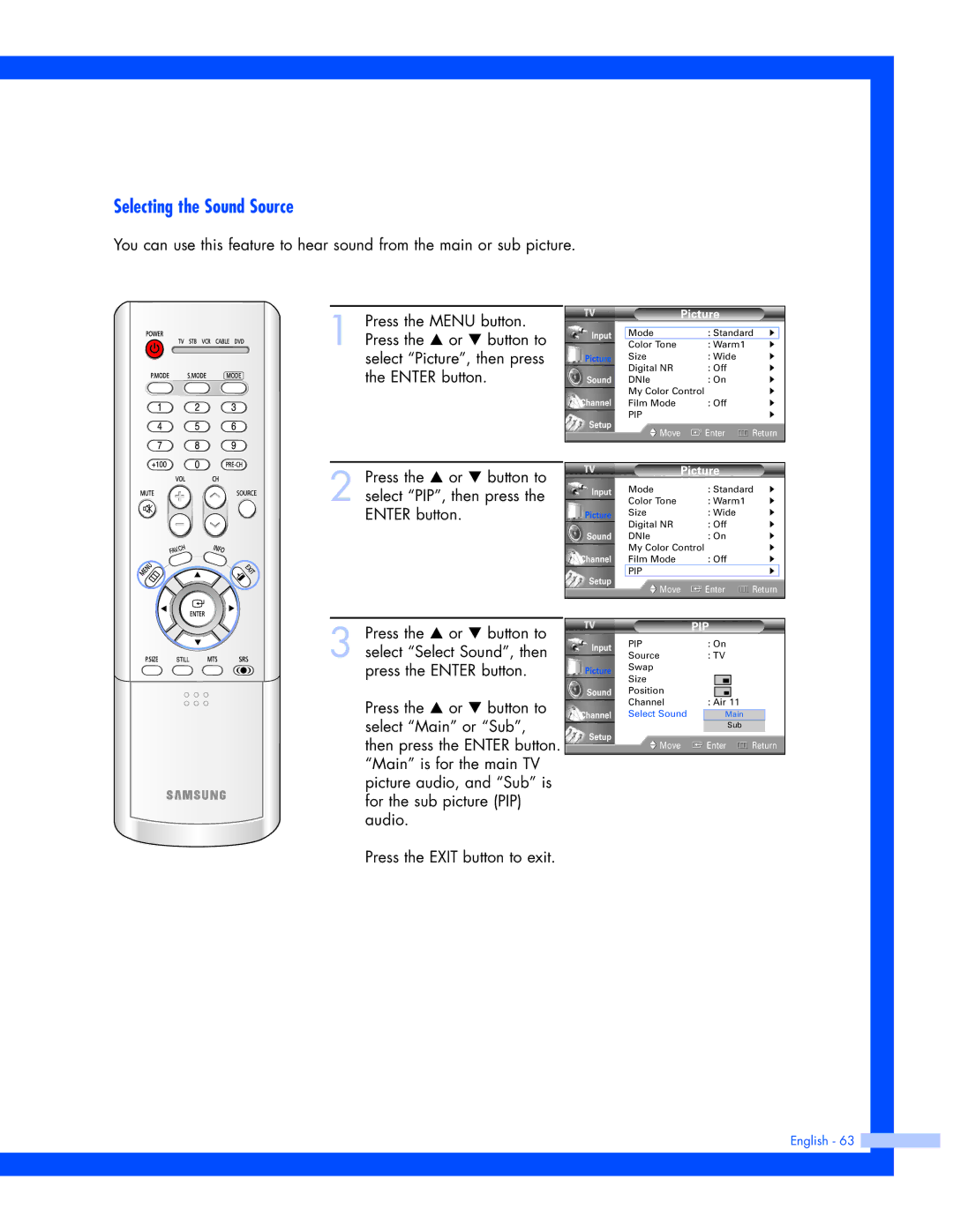 Samsung SP-61L3HR instruction manual Selecting the Sound Source 