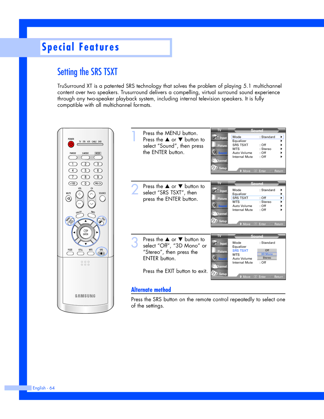 Samsung SP-61L3HR instruction manual Setting the SRS Tsxt 