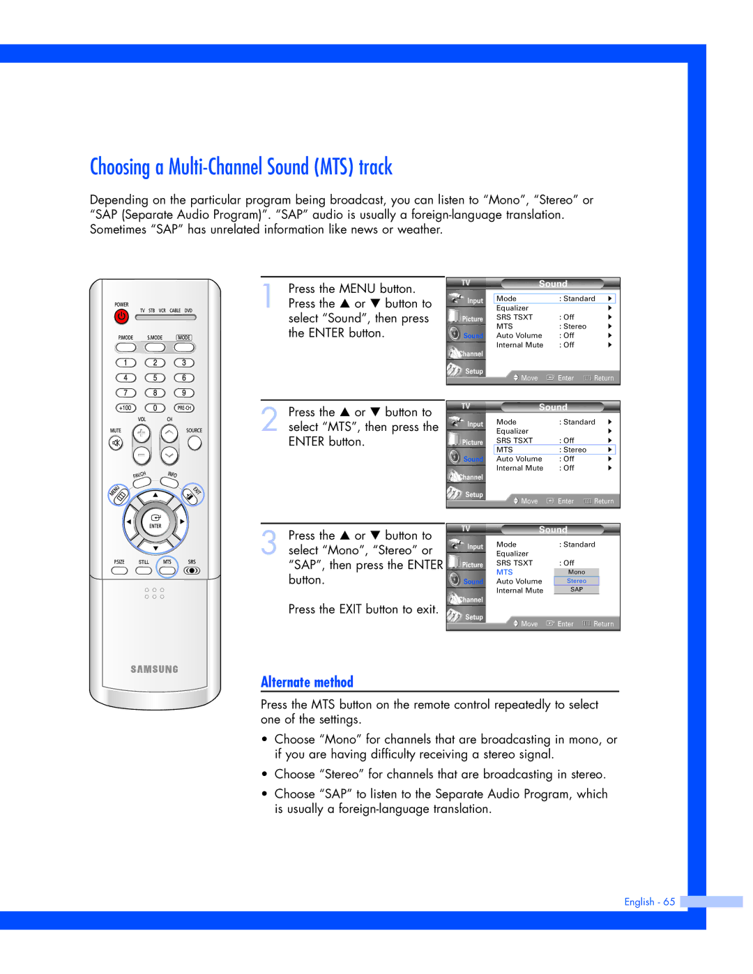 Samsung SP-61L3HR instruction manual Choosing a Multi-Channel Sound MTS track 