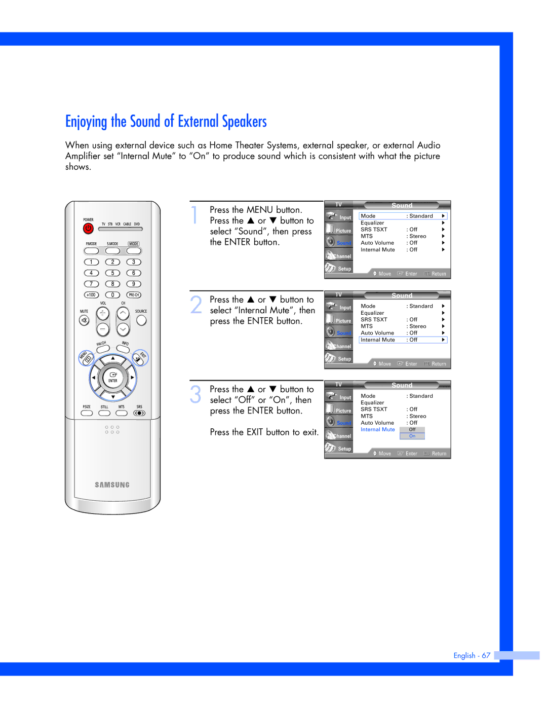 Samsung SP-61L3HR instruction manual Enjoying the Sound of External Speakers 