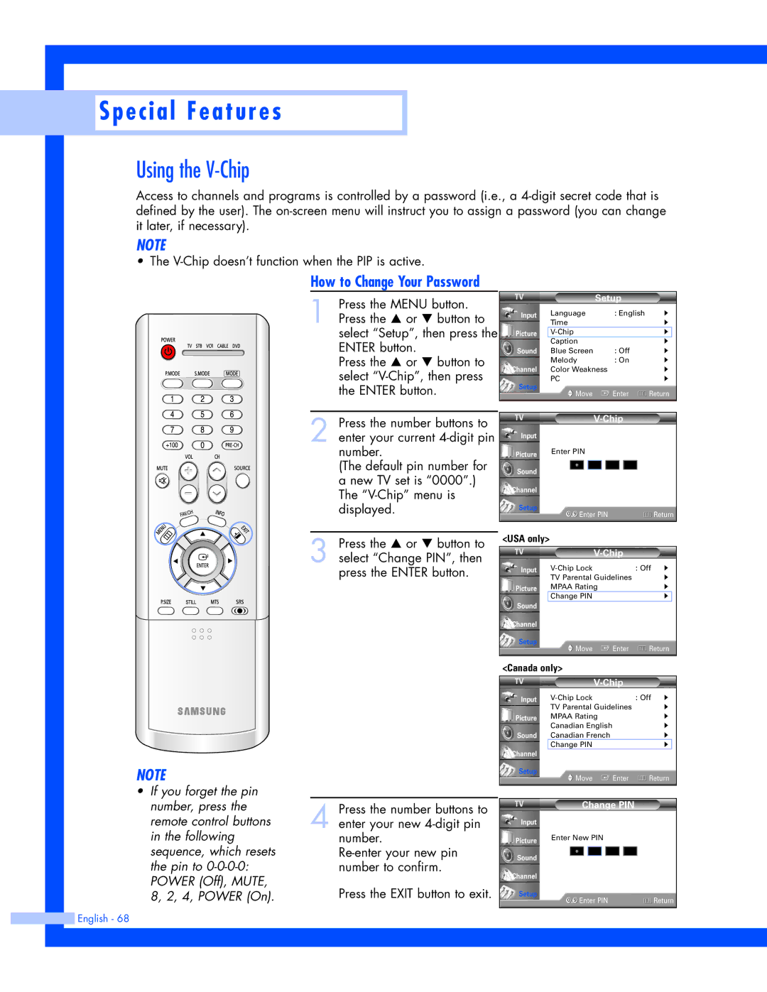 Samsung SP-61L3HR instruction manual Using the V-Chip, How to Change Your Password 