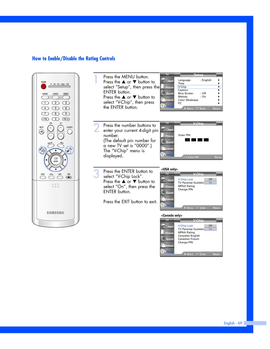 Samsung SP-61L3HR instruction manual How to Enable/Disable the Rating Controls 