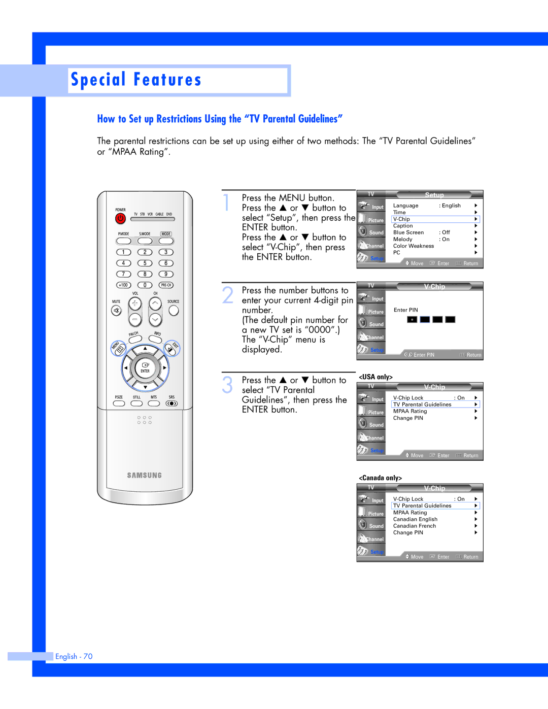 Samsung SP-61L3HR instruction manual How to Set up Restrictions Using the TV Parental Guidelines 