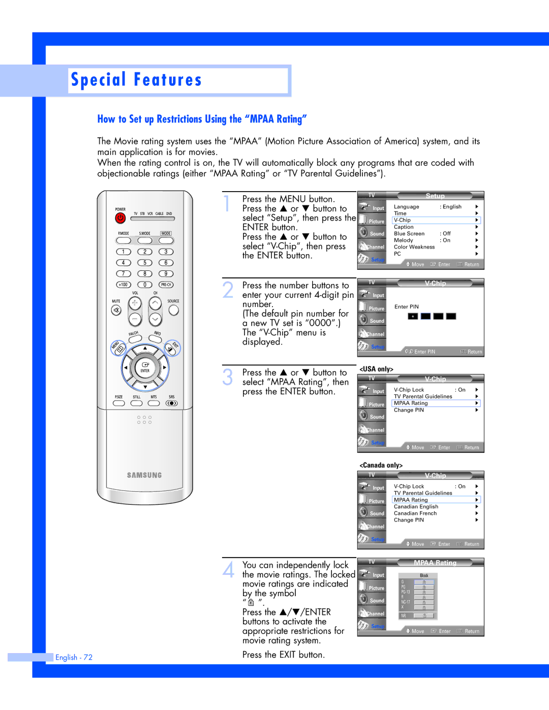 Samsung SP-61L3HR instruction manual How to Set up Restrictions Using the Mpaa Rating 